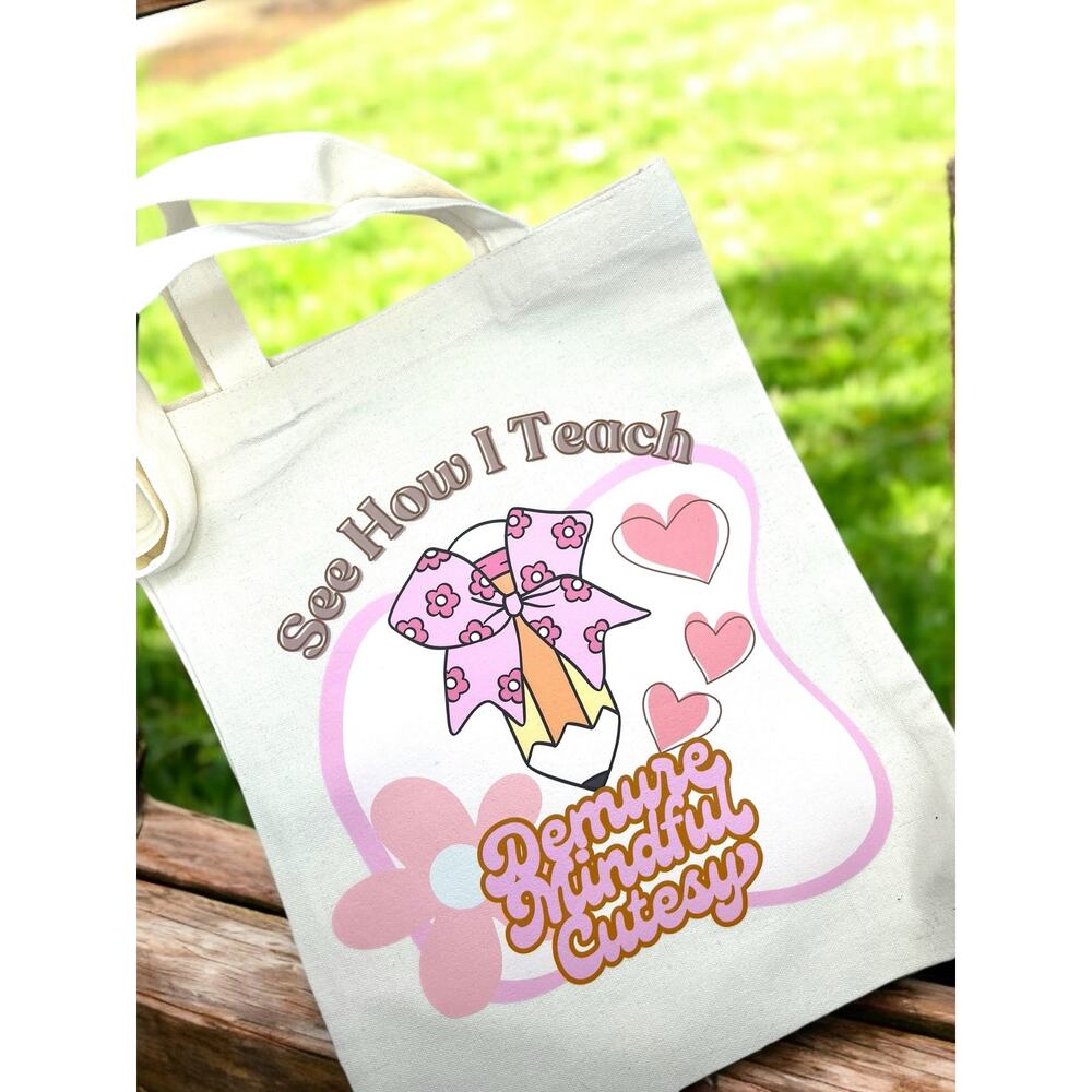 Demure Teacher Cotton Canvas Tote Bag | Book Bag - Mindful Demure Cutesy
